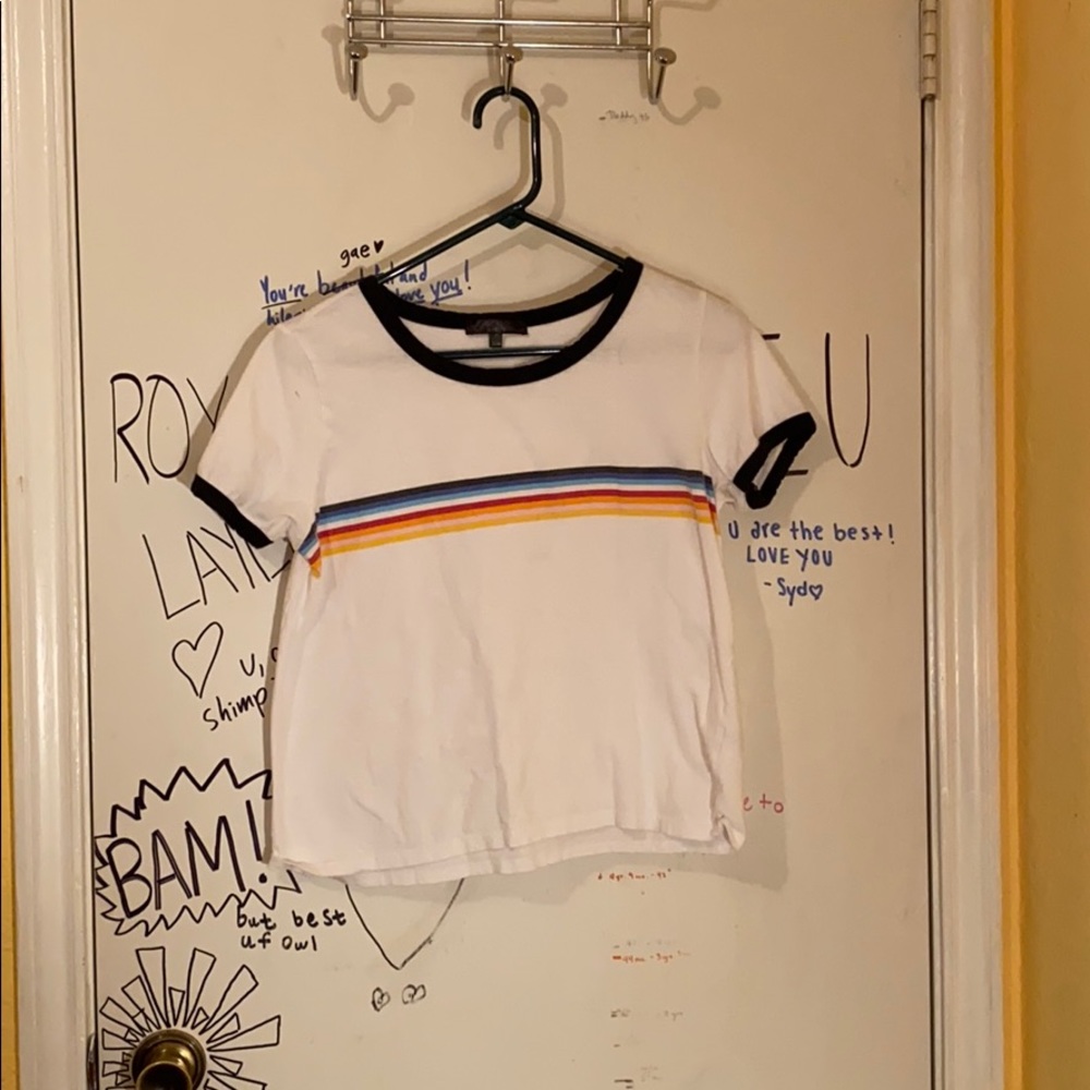 rainbow/white shirt w/ black sleeves and collar